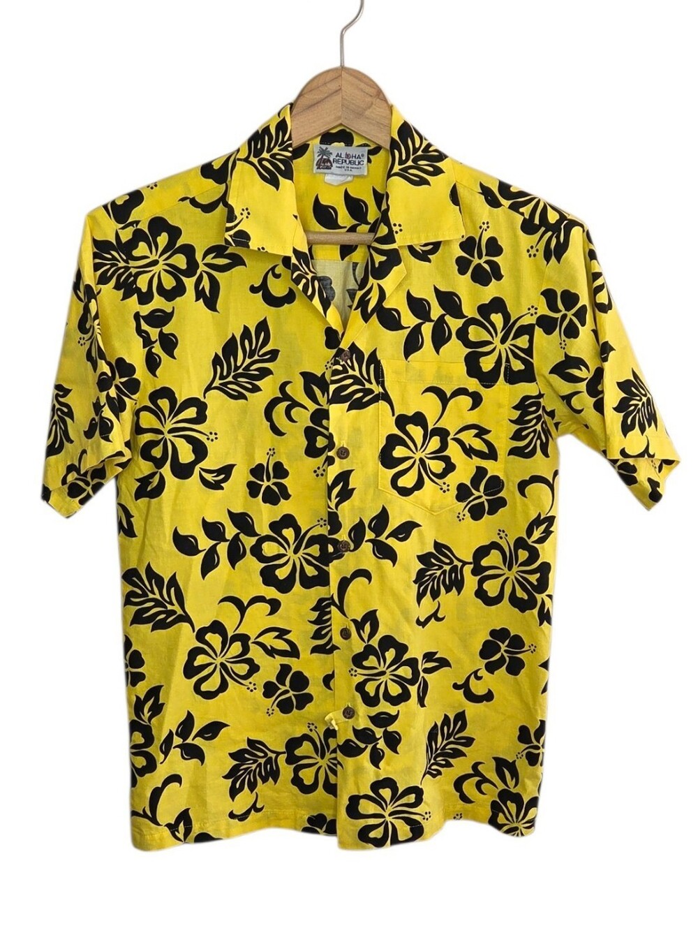 Vintage Aloha Republic Yellow Black Hawaiian Floral Short Sleeve Shirt Small